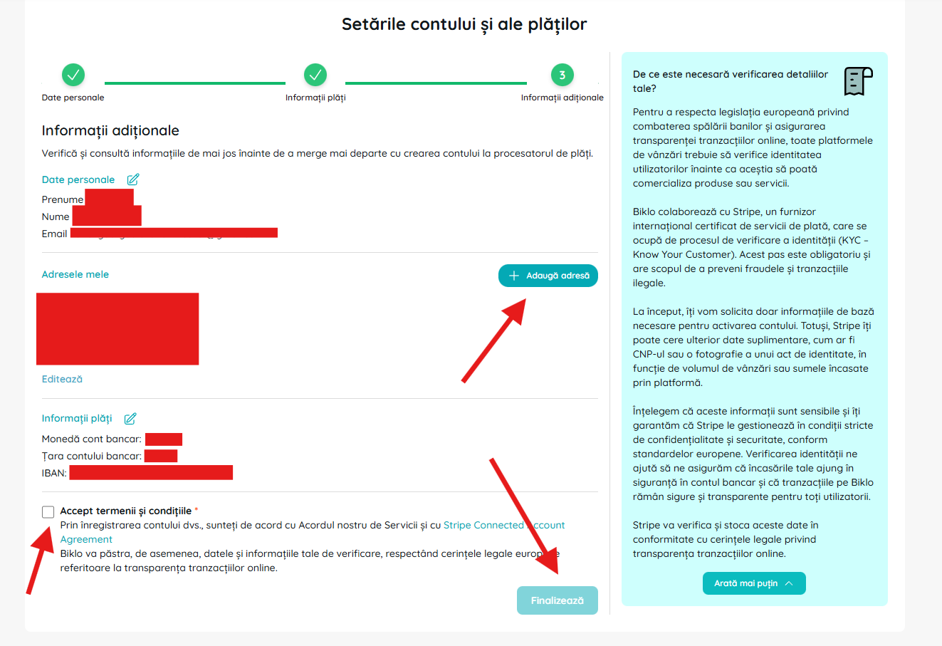 Vyplnění doplňujících informací a smluv v procesu vytvoření finančního účtu Biklo