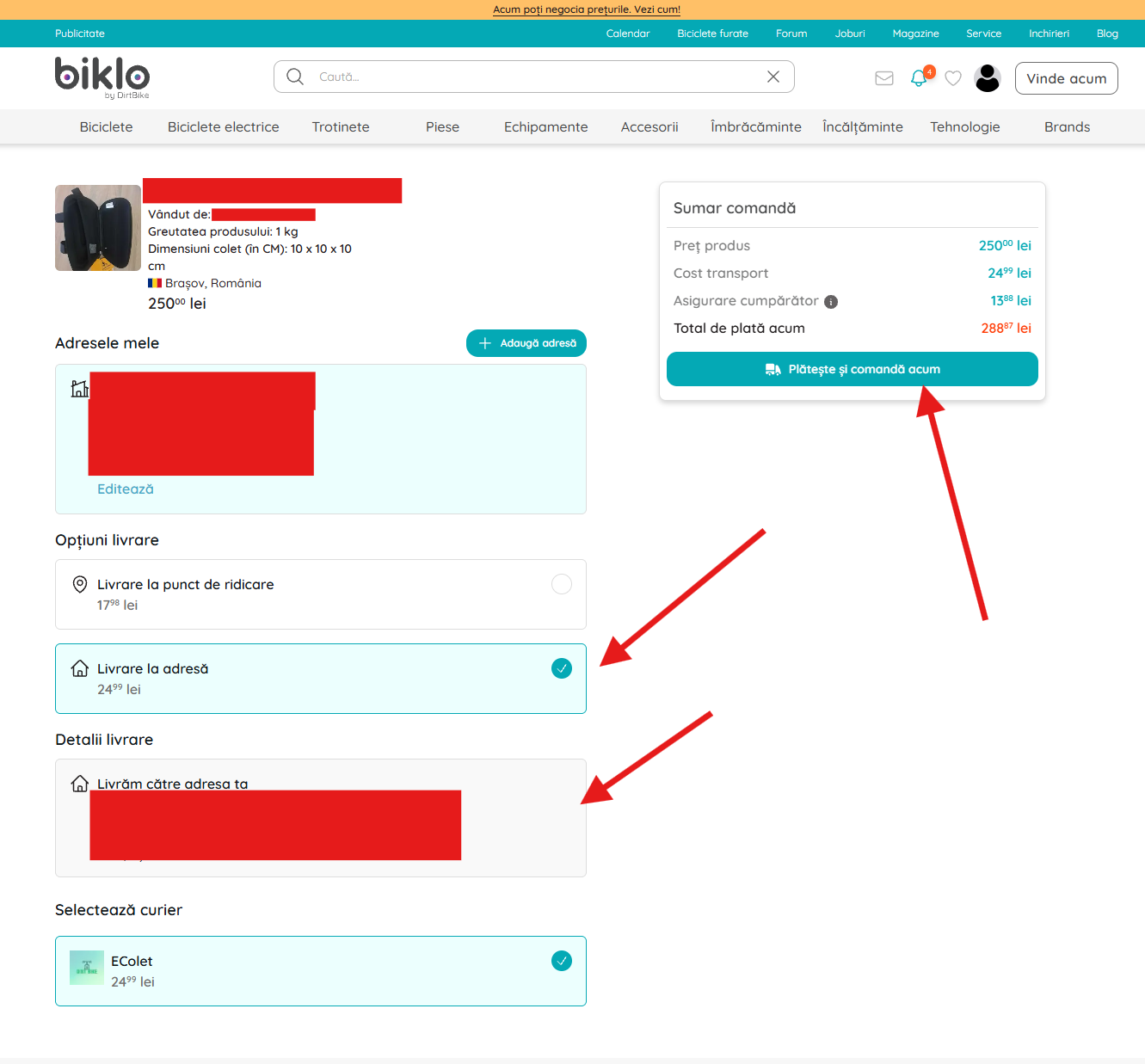 Výběr způsobu doručení Biklo